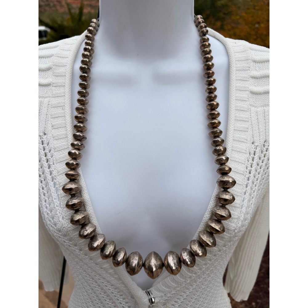 Heavy 108g Indian Sterling Silver‎ Navajo Pearls Necklace Hand Stamped Graduated